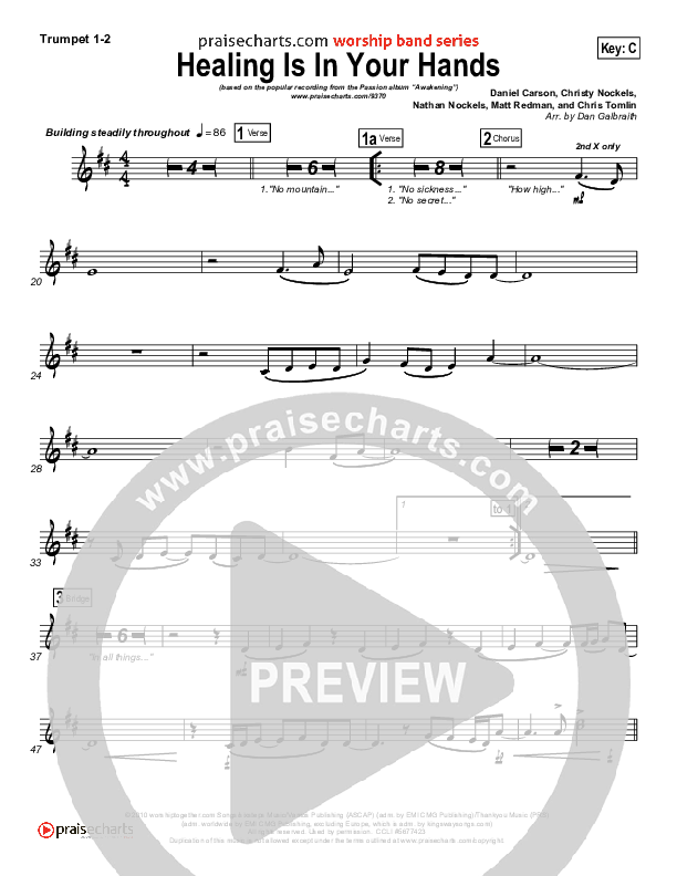 Healing Is In Your Hands (Choral Anthem SATB) Trumpet 1,2 (Christy Nockels / NextGen Worship / Arr. Richard Kingsmore)