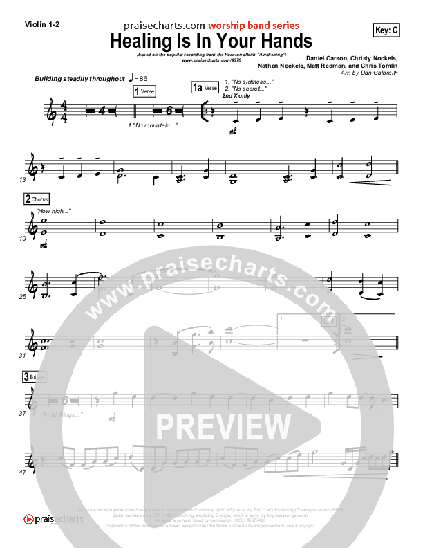 Healing Is In Your Hands (Choral Anthem SATB) Violin 1/2 (Christy Nockels / NextGen Worship / Arr. Richard Kingsmore)