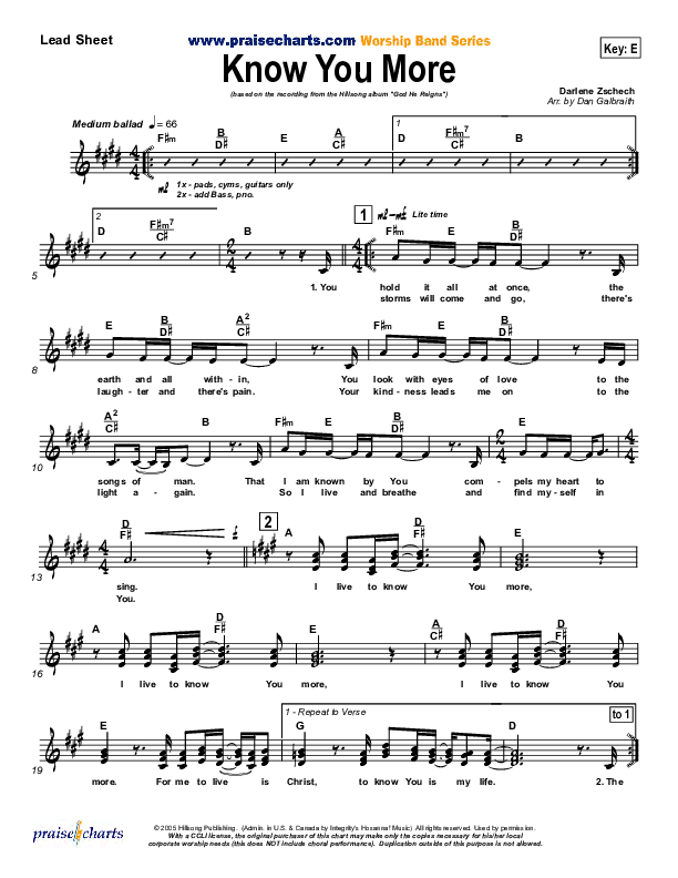 Know You More Lead Sheet (Hillsong Worship)