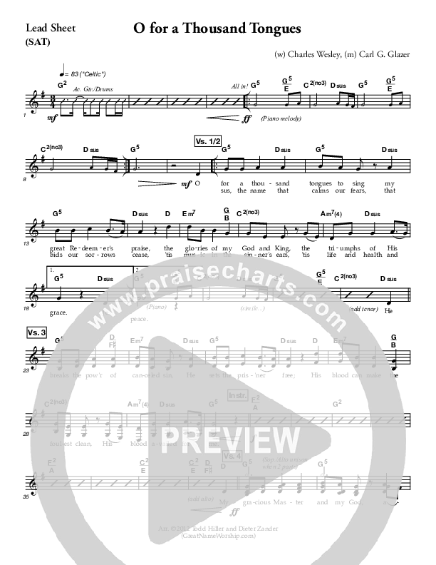 O For A Thousand Tongues Lead Sheet (Great Name Worship Project)