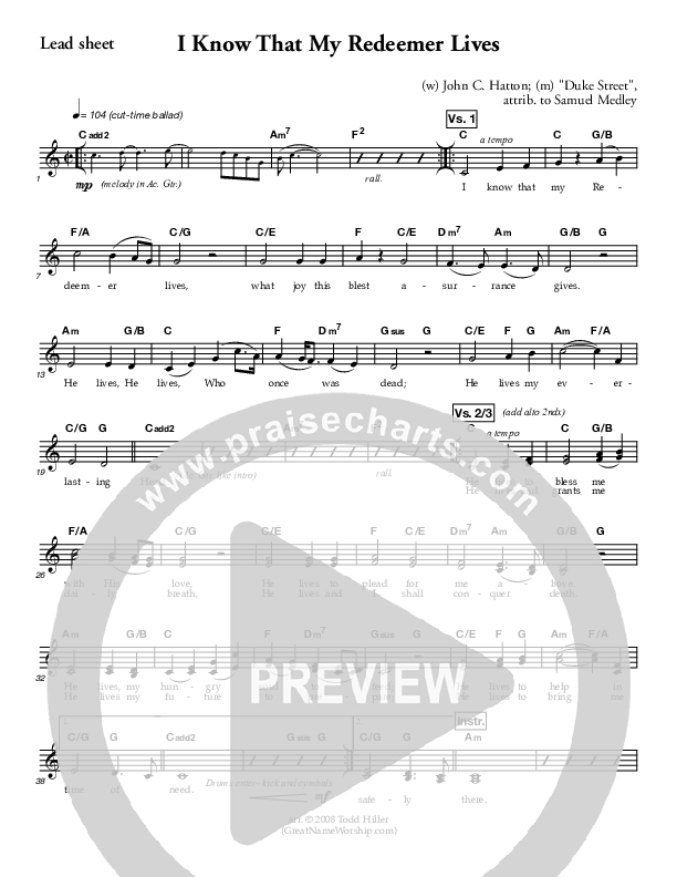 I Know That My Redeemer Lives Lead Sheet (Great Name Worship Project)