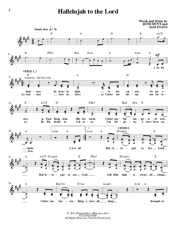 Hallelujah To The Lord Lead Sheet (Planetshakers)