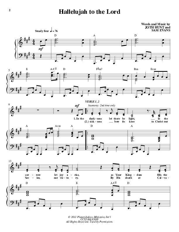 Hallelujah To The Lord Lead & Piano (Planetshakers)