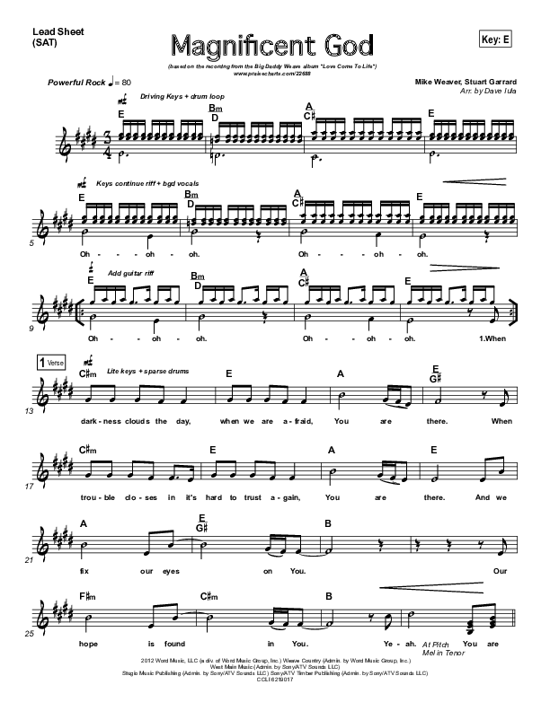 Magnificent God Lead Sheet (Big Daddy Weave)