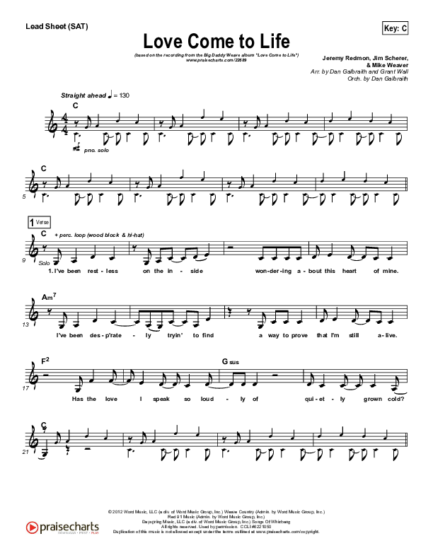 Love Come To Life Lead Sheet (SAT) (Big Daddy Weave)