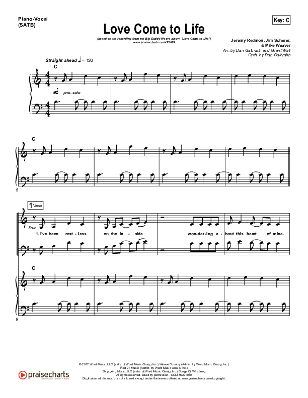 Love Come To Life Piano/Vocal (SATB) (Big Daddy Weave)