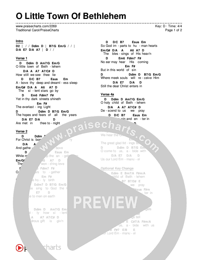 O Little Town Of Bethlehem Chords & Lyrics (Traditional Carol / PraiseCharts)