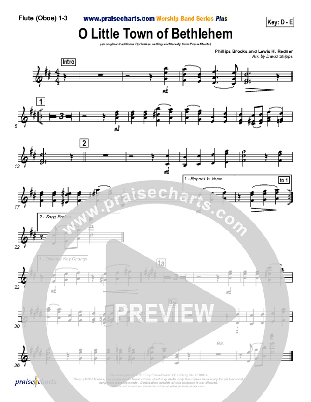 O Little Town Of Bethlehem Flute/Oboe 1/2/3 (Traditional Carol / PraiseCharts)