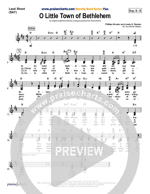O Little Town Of Bethlehem Lead Sheet (Traditional Carol / PraiseCharts)