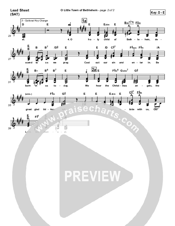 O Little Town Of Bethlehem Lead Sheet (Traditional Carol / PraiseCharts)