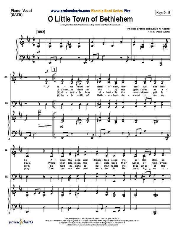 O Little Town Of Bethlehem Piano/Vocal (Traditional Carol / PraiseCharts)