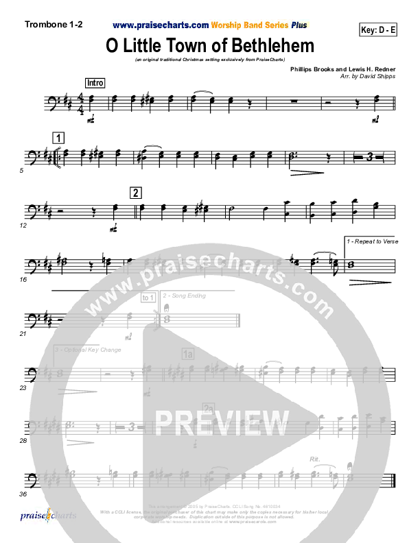 O Little Town Of Bethlehem Trombone 1/2 (Traditional Carol / PraiseCharts)