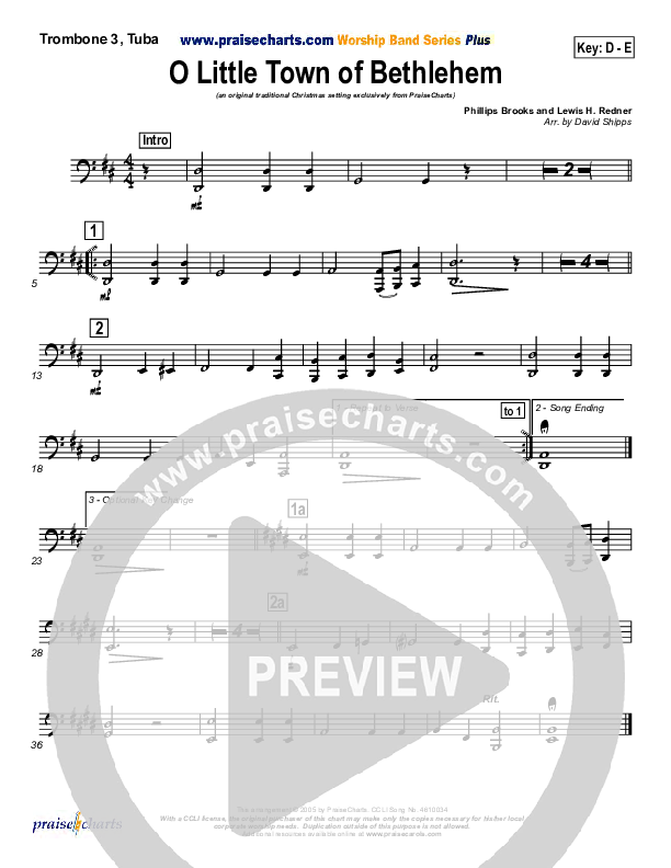 O Little Town Of Bethlehem Trombone 3/Tuba (Traditional Carol / PraiseCharts)