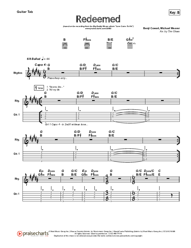 Redeemed Guitar Tab (Big Daddy Weave)