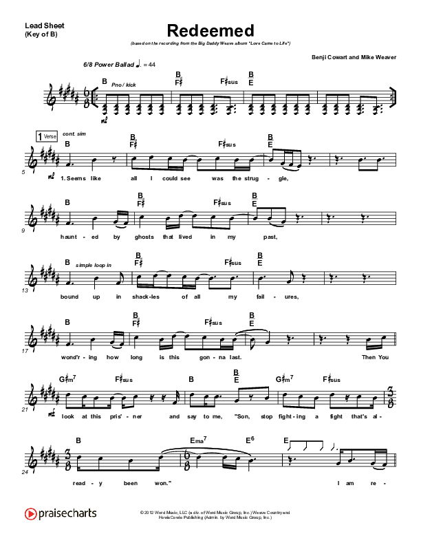 Redeemed Lead Sheet (Melody) (Big Daddy Weave)