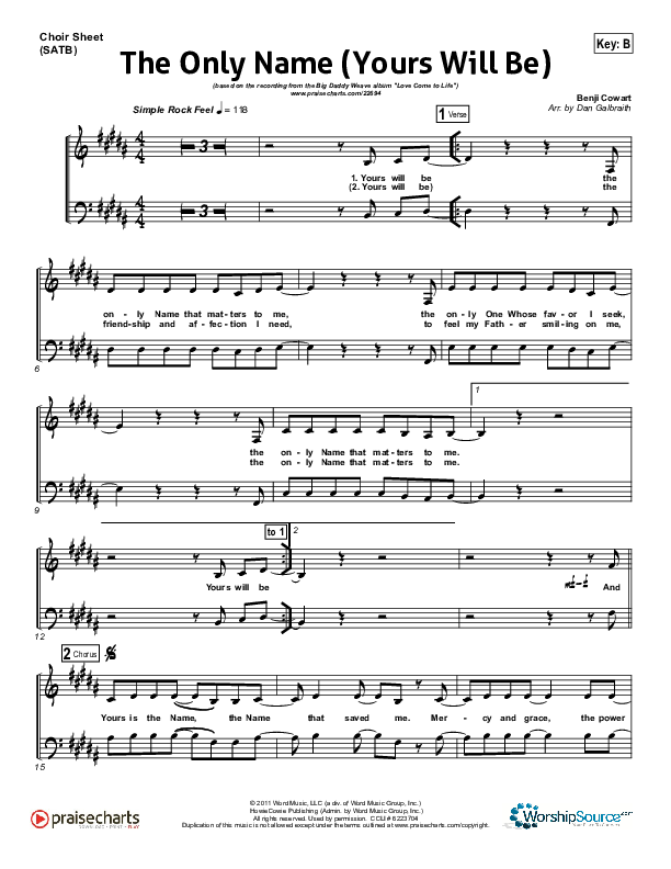 The Only Name (Yours Will Be) Choir Sheet (SATB) (Big Daddy Weave)