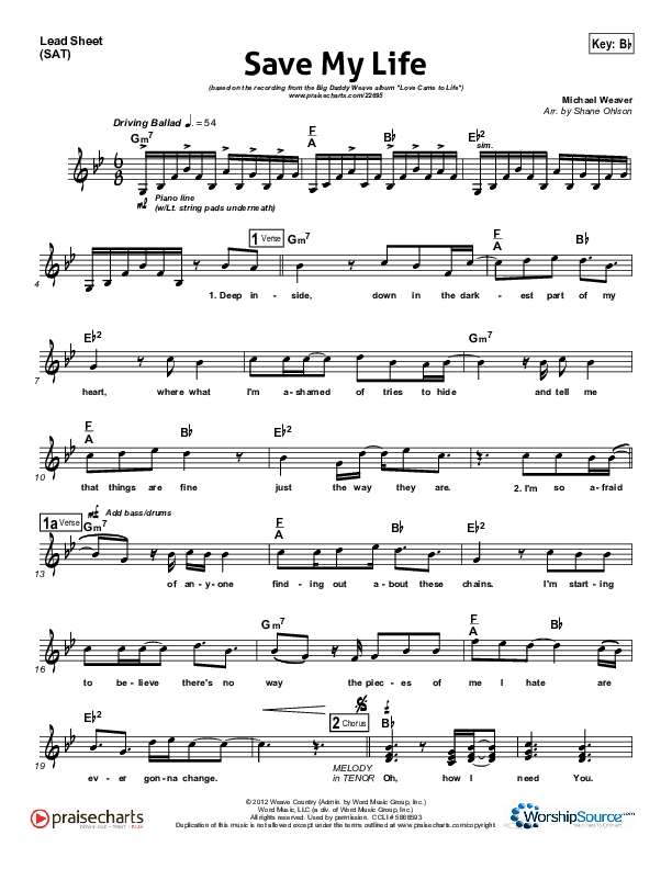 Save My Life Lead Sheet (SAT) (Big Daddy Weave)