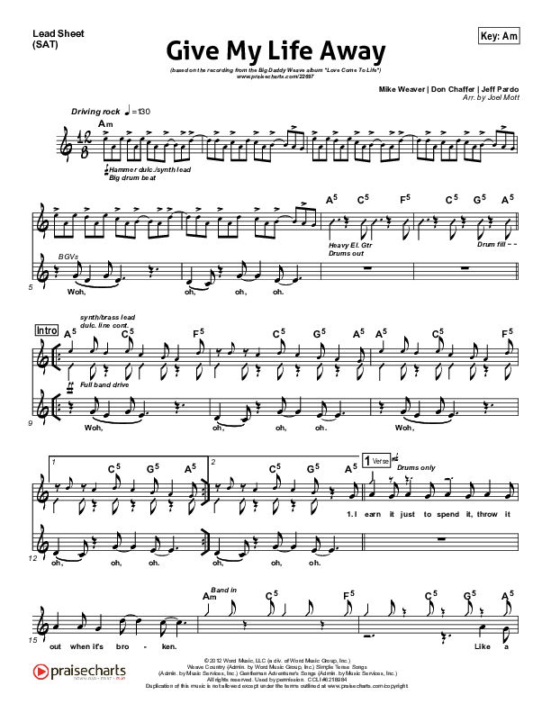 Give My Life Away Lead Sheet (Big Daddy Weave)