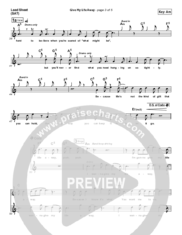 Give My Life Away Lead Sheet (Big Daddy Weave)