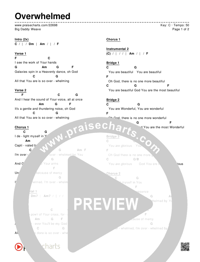 Overwhelmed Chord Chart (Editable) - Big Daddy Weave | PraiseCharts