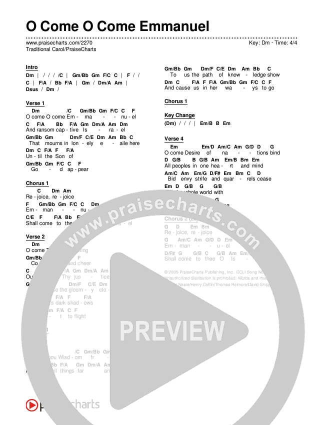O Come O Come Emmanuel Chords & Lyrics (Traditional Carol / PraiseCharts)