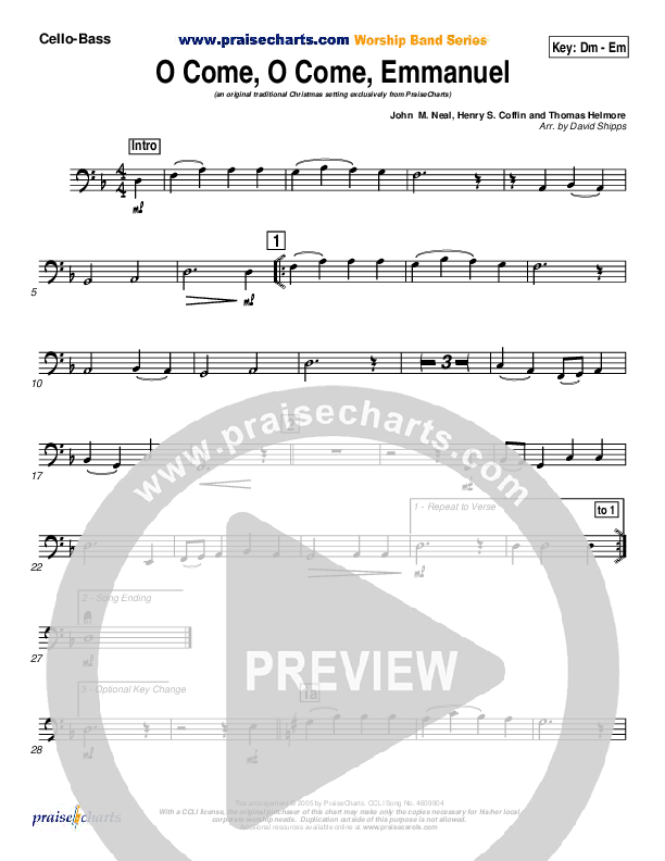 O Come O Come Emmanuel Cello/Bass (Traditional Carol / PraiseCharts)