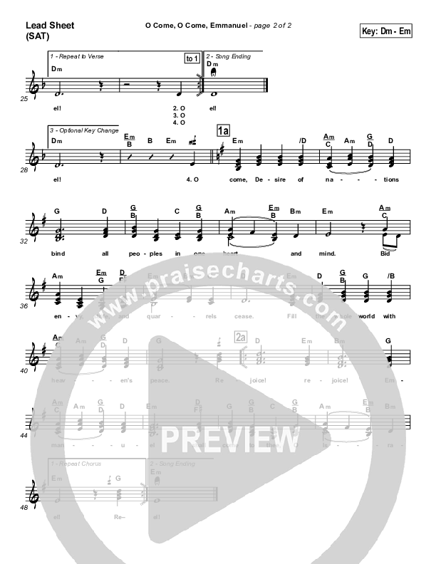 O Come O Come Emmanuel Lead Sheet (SAT) (Traditional Carol / PraiseCharts)