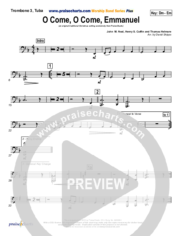 O Come O Come Emmanuel Trombone 3/Tuba (Traditional Carol / PraiseCharts)