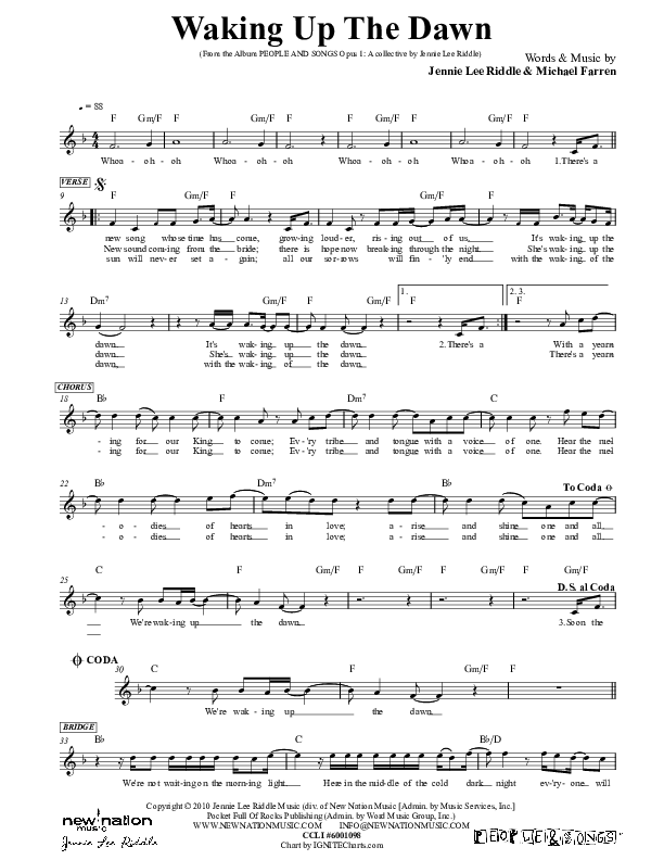 Waking Up The Dawn Lead Sheet (Jennie Riddle / People & Songs)