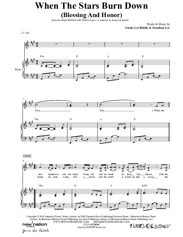 When The Stars Burn Down Piano/Vocal (Jennie Riddle / People & Songs)