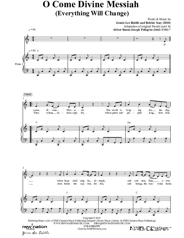O Come Divine Messiah Piano/Vocal & Lead (Jennie Riddle / People & Songs)