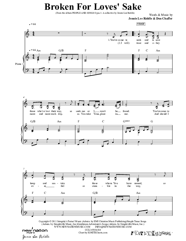 Broken For Love's Sake Piano/Vocal (Jennie Riddle / People & Songs)