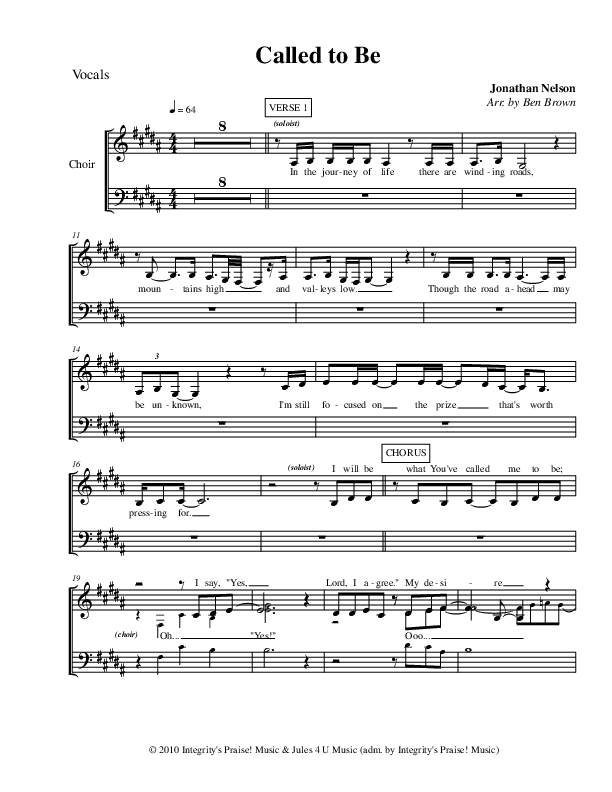 Called To Be Choir Sheet (Jonathan Nelson)