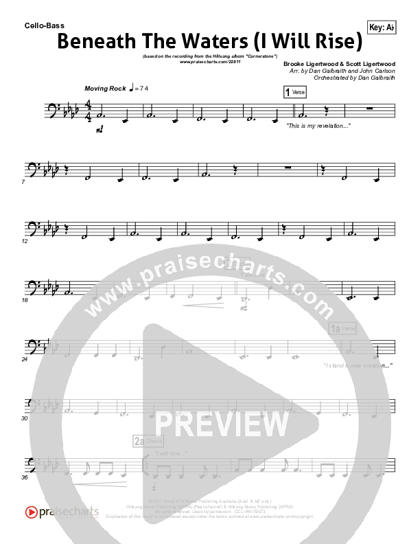 Beneath The Waters (I Will Rise) Cello/Bass (Hillsong Worship)