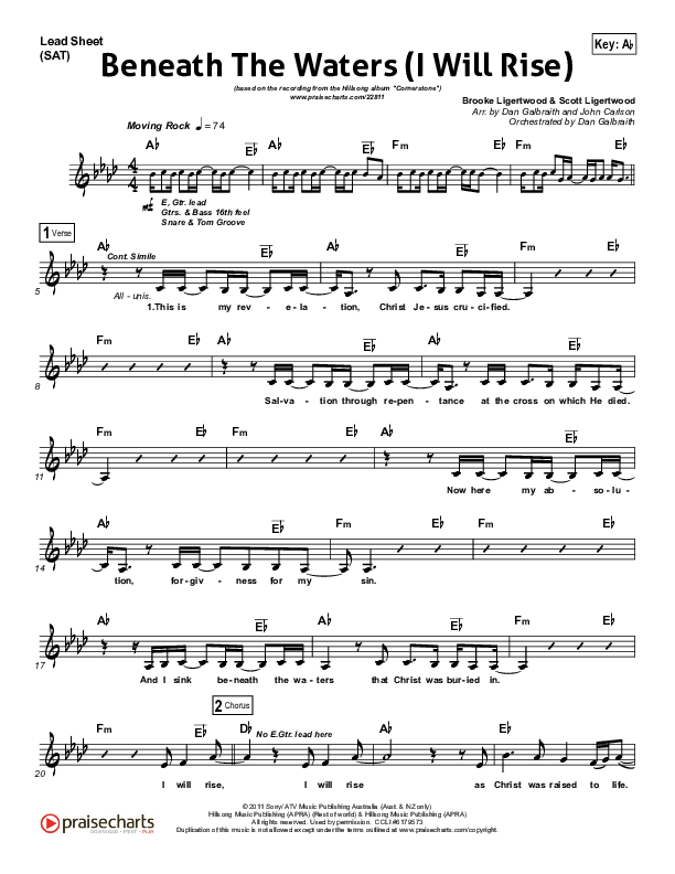 Beneath The Waters (I Will Rise) Lead Sheet (SAT) (Hillsong Worship)