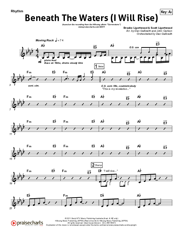 Beneath The Waters (I Will Rise) Rhythm Chart (Hillsong Worship)
