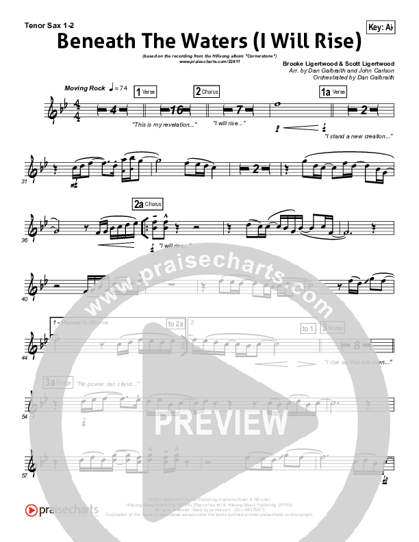 Beneath The Waters (I Will Rise) Tenor Sax 1/2 (Hillsong Worship)