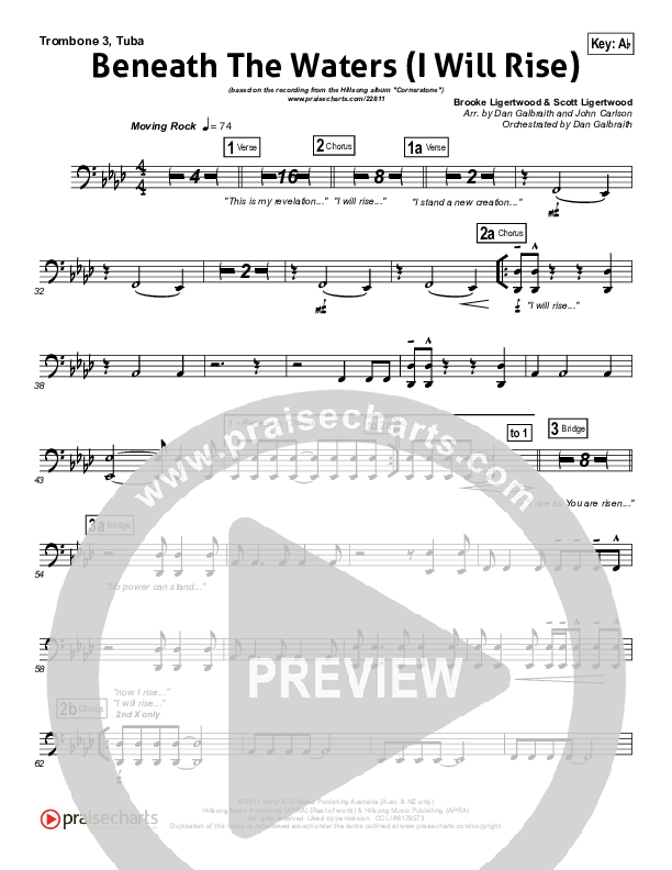 Beneath The Waters (I Will Rise) Trombone 3/Tuba (Hillsong Worship)