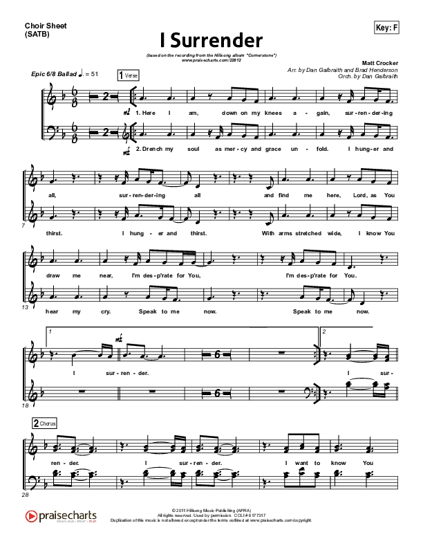 I Surrender Choir Sheet (SATB) (Hillsong Worship)