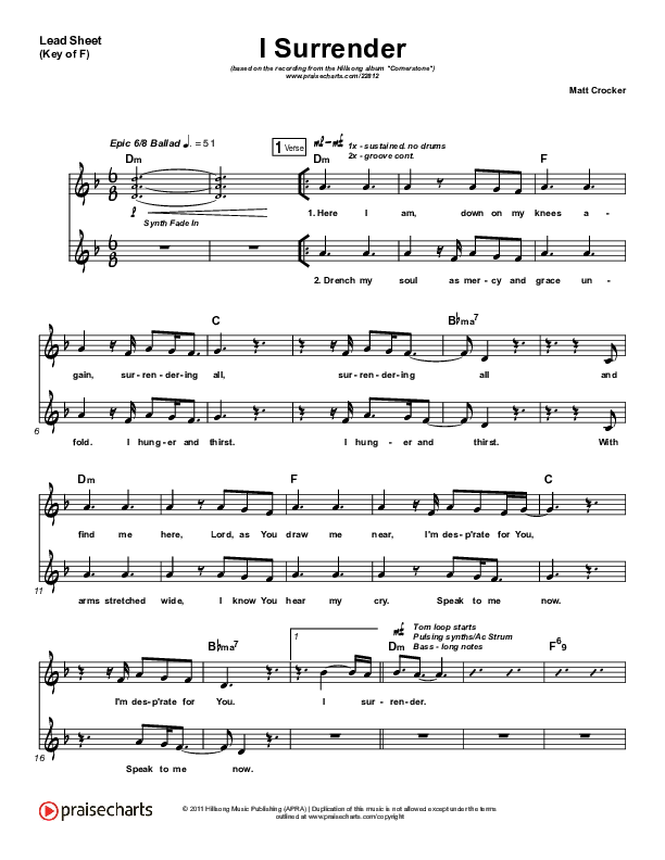I Surrender Lead Sheet (Melody) (Hillsong Worship)