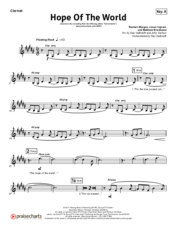 Hope Of The World Clarinet (Hillsong Worship)