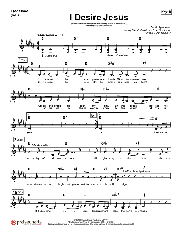 I Desire Jesus Lead Sheet (Hillsong Worship)