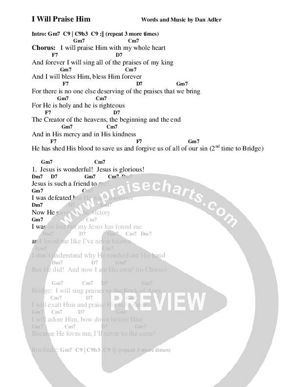 I Will Praise Him Chord Chart (Heart Of The City)