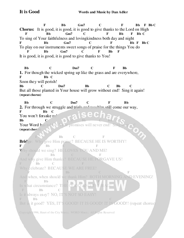It Is Good Chord Chart (Heart Of The City)