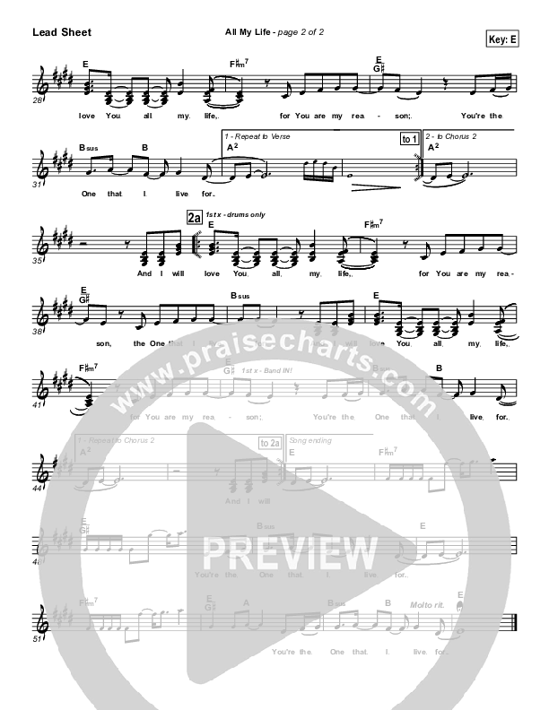 All My Life Lead Sheet (Parachute Band)