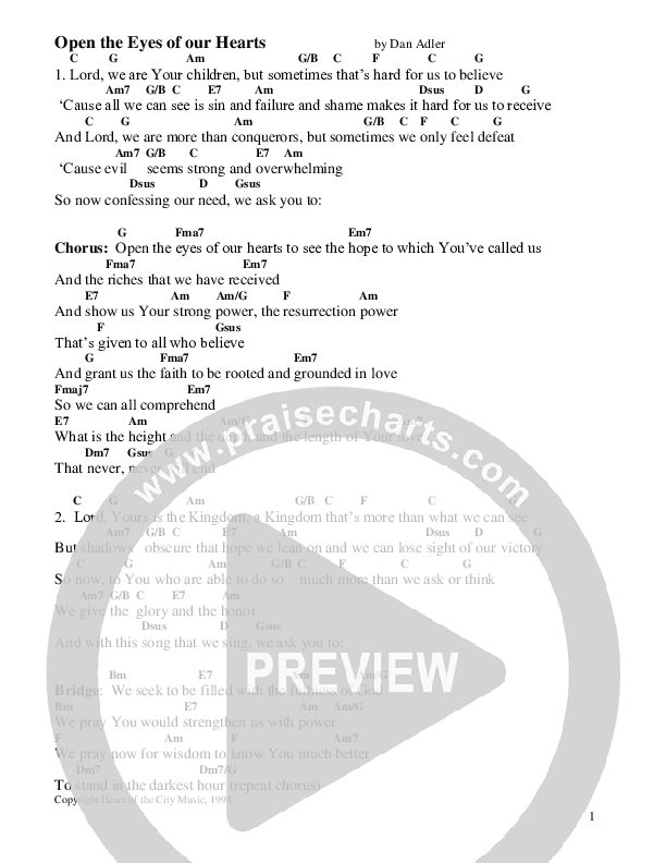 Open The Eyes Of Our Hearts Chord Chart (Heart Of The City)