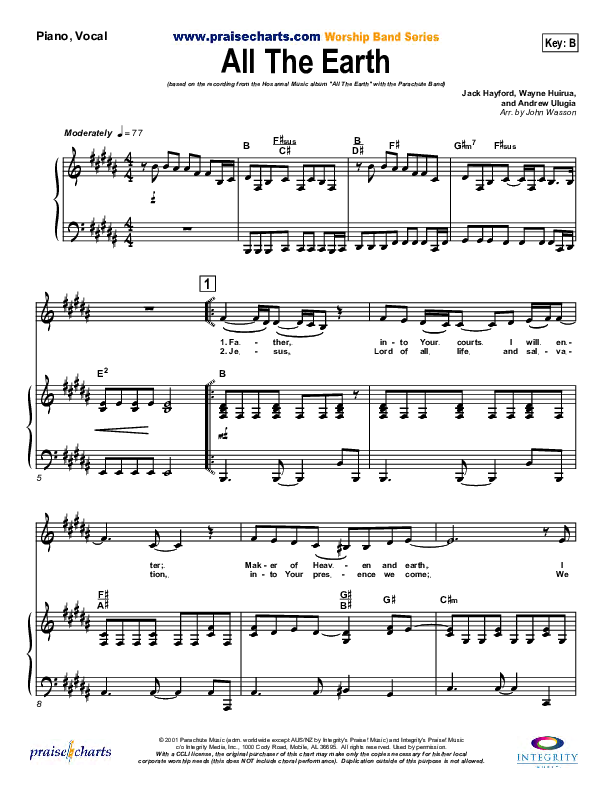 All The Earth Piano/Vocal (Parachute Band)