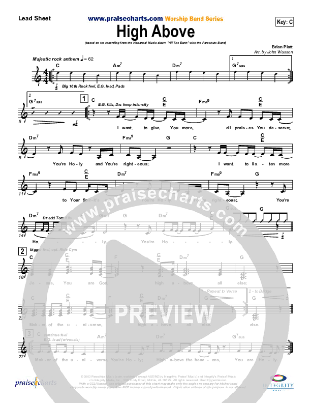 High Above Lead Sheet (Parachute Band)