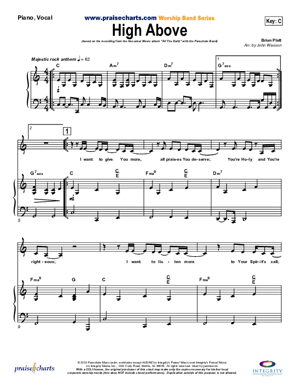 High Above Piano/Vocal (Parachute Band)