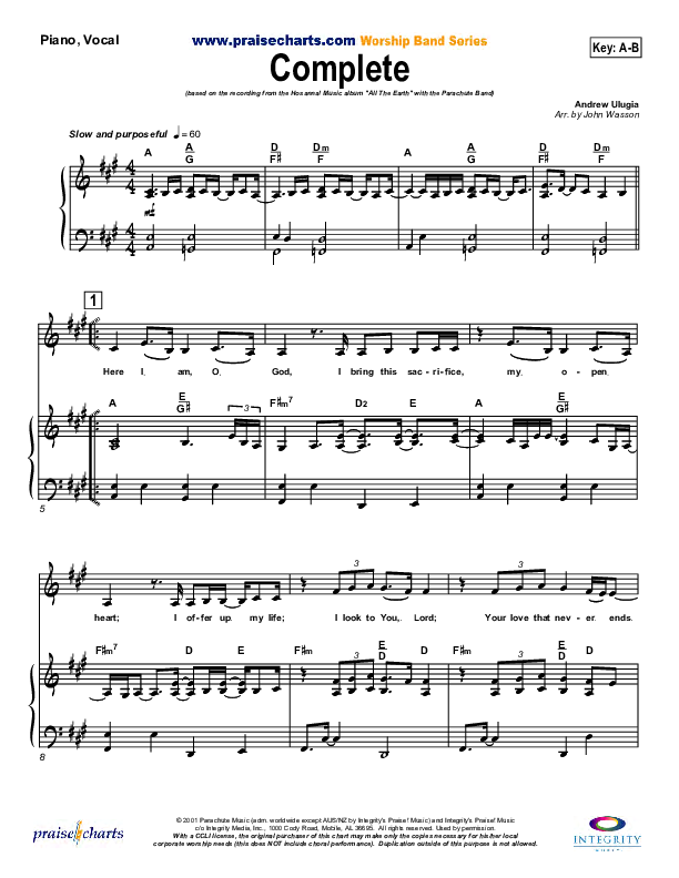 Complete Piano/Vocal (Parachute Band)